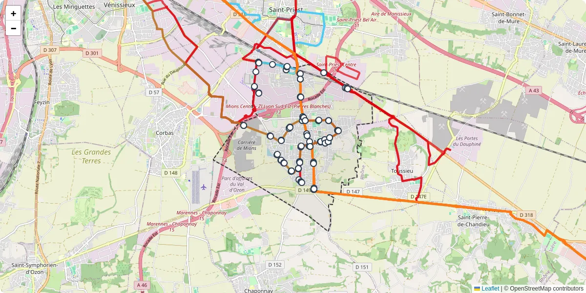 Carte du réseau de transport en commun à Mions - lignes de bus et arrêts