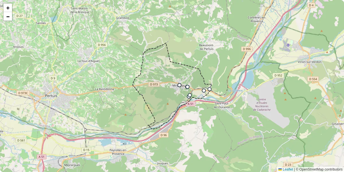 Carte du réseau de transport en commun à Mirabeau - lignes de bus et arrêts