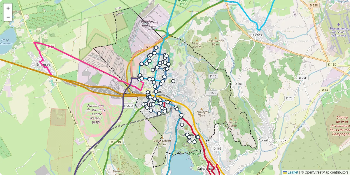 Carte du réseau de transport en commun à Miramas - lignes de bus et arrêts