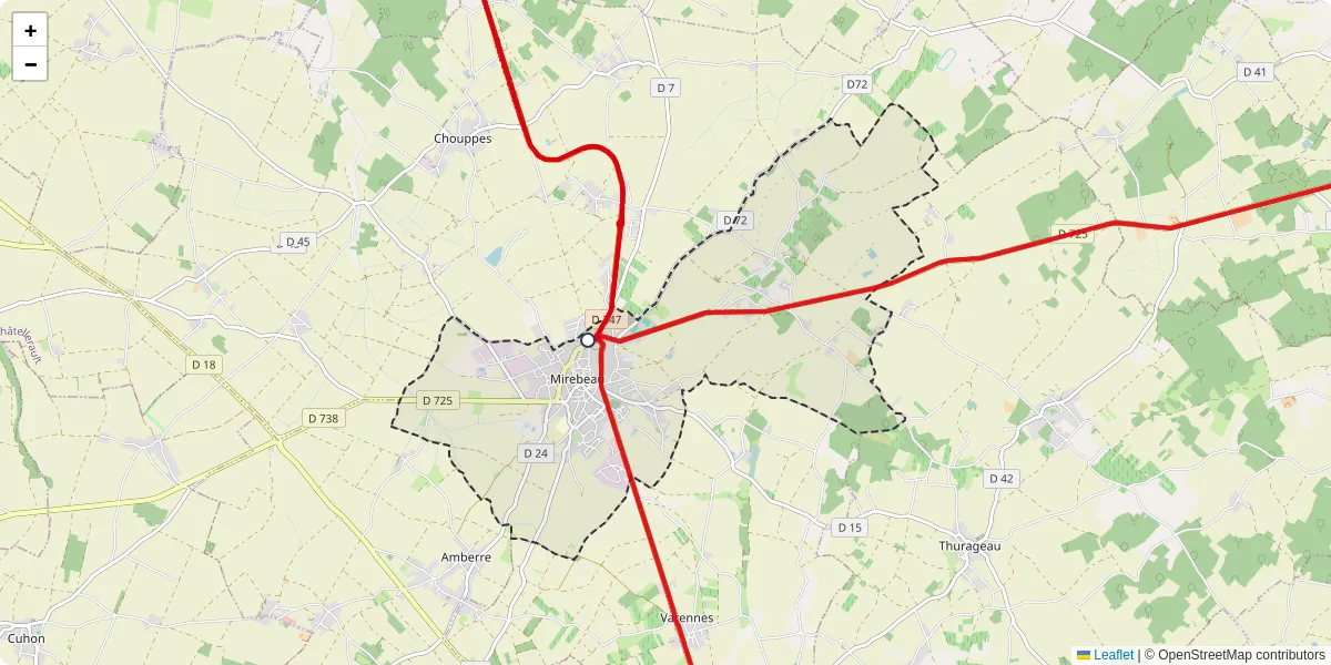 Carte du réseau de transport en commun à Mirebeau - lignes de bus et arrêts
