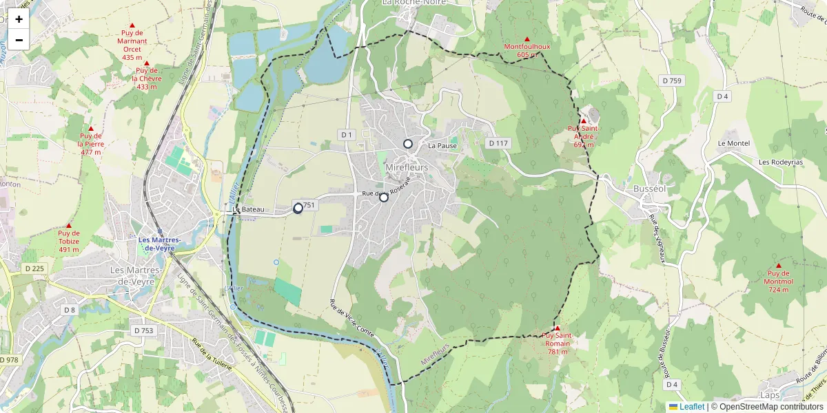 Carte du réseau de transport en commun à Mirefleurs - lignes de bus et arrêts
