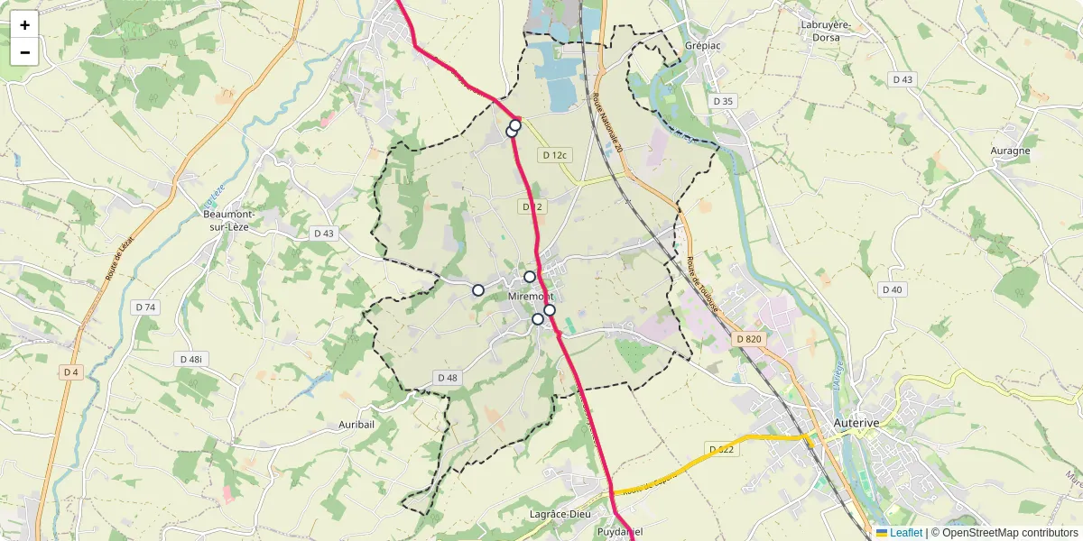 Carte du réseau de transport en commun à Miremont - lignes de bus et arrêts