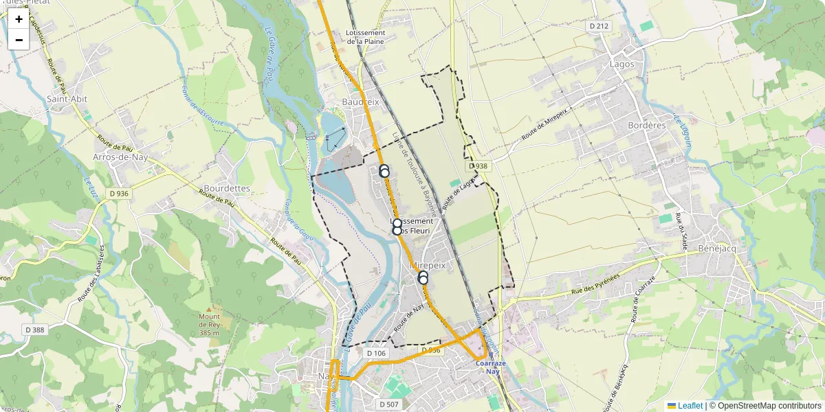 Carte du réseau de transport en commun à Mirepeix - lignes de bus et arrêts