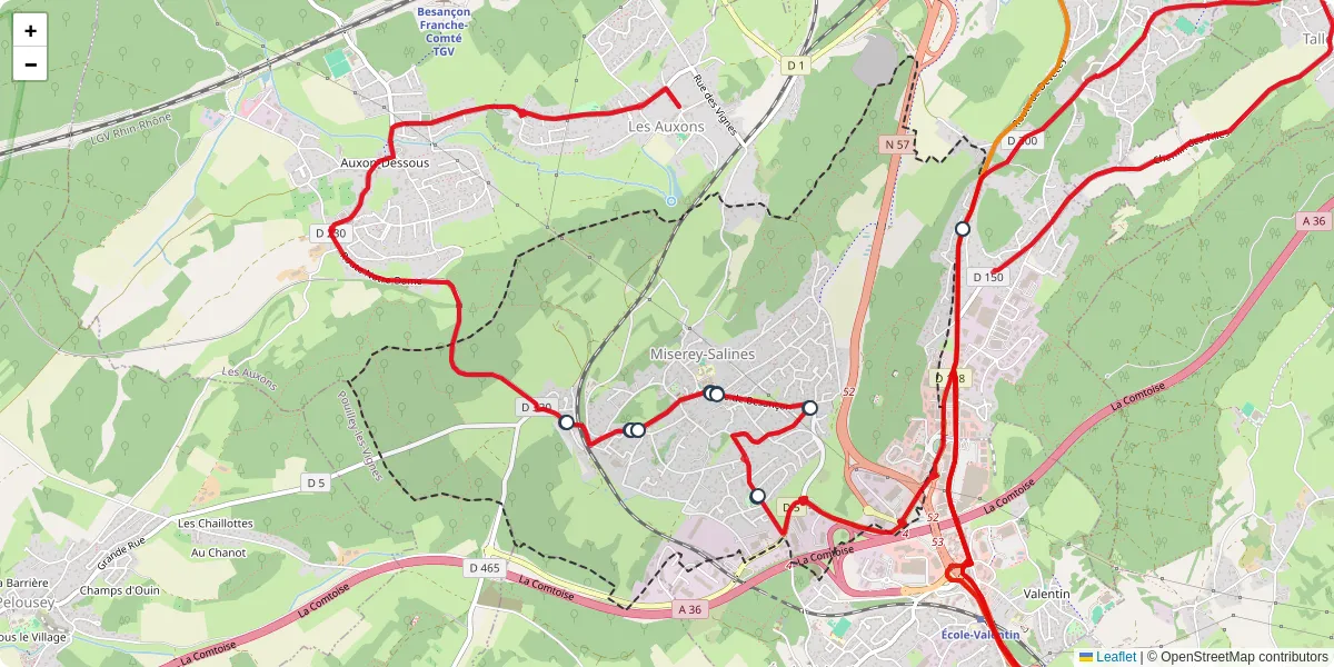 Carte du réseau de transport en commun à Miserey-Salines - lignes de bus et arrêts