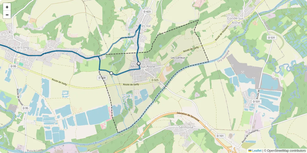 Carte du réseau de transport en commun à Missy-sur-Aisne - lignes de bus et arrêts