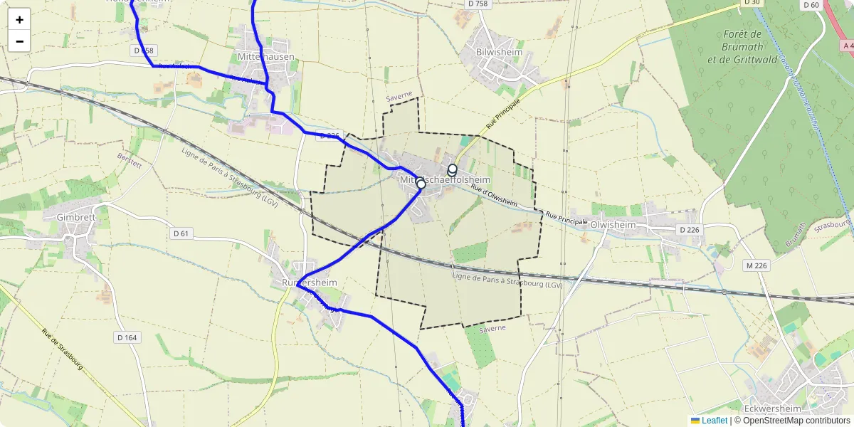 Carte du réseau de transport en commun à Mittelschaeffolsheim - lignes de bus et arrêts
