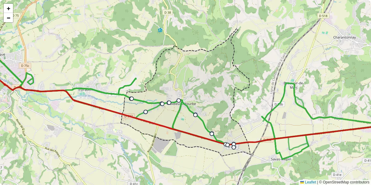 Carte du réseau de transport en commun à Moidieu-Détourbe - lignes de bus et arrêts