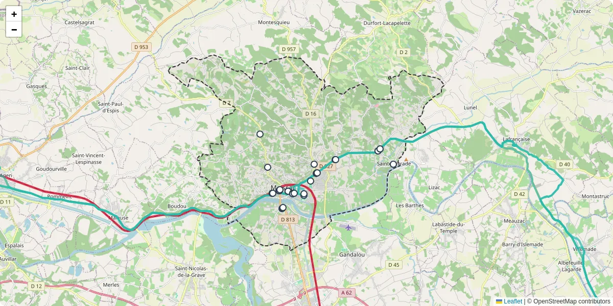 Carte du réseau de transport en commun à Moissac - lignes de bus et arrêts