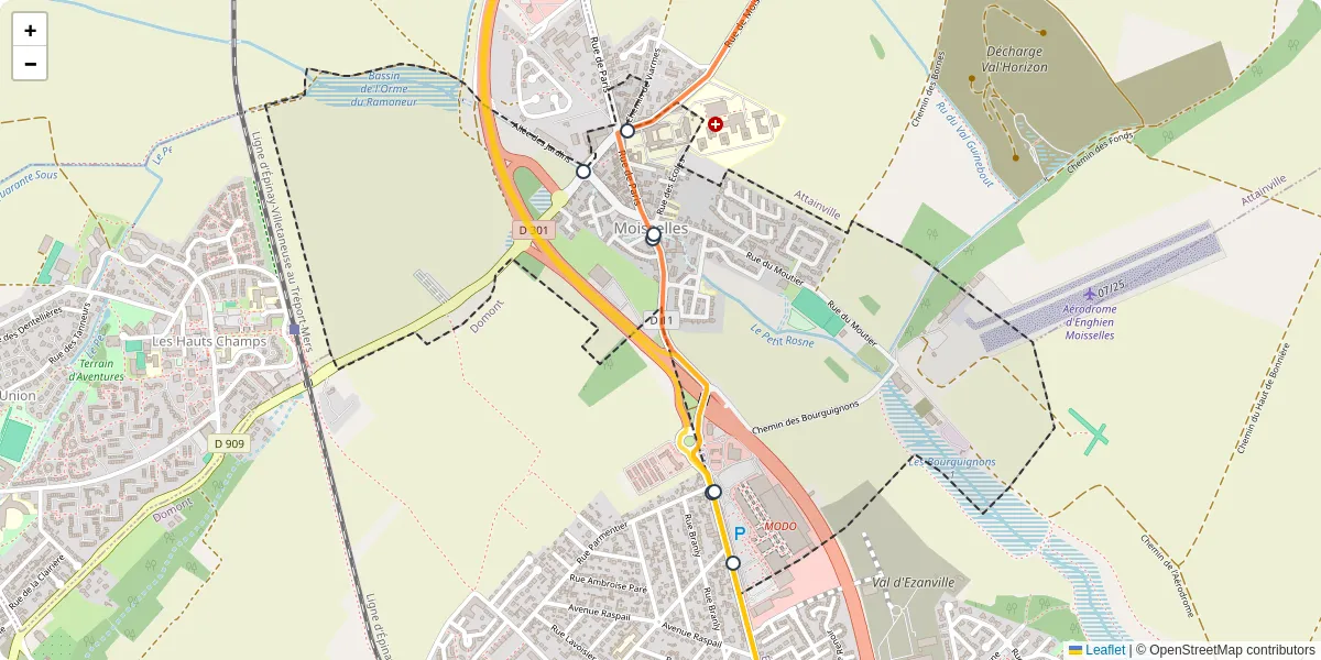 Carte du réseau de transport en commun à Moisselles - lignes de bus et arrêts