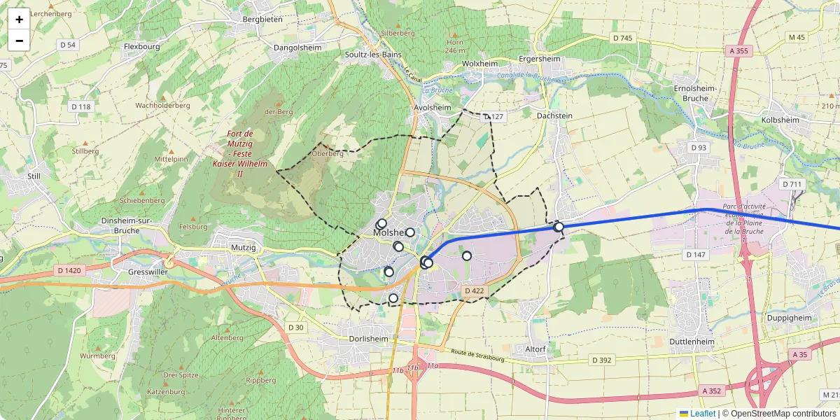 Carte du réseau de transport en commun à Molsheim - lignes de bus et arrêts