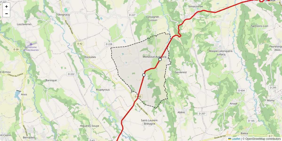 Carte du réseau de transport en commun à Monassut-Audiracq - lignes de bus et arrêts