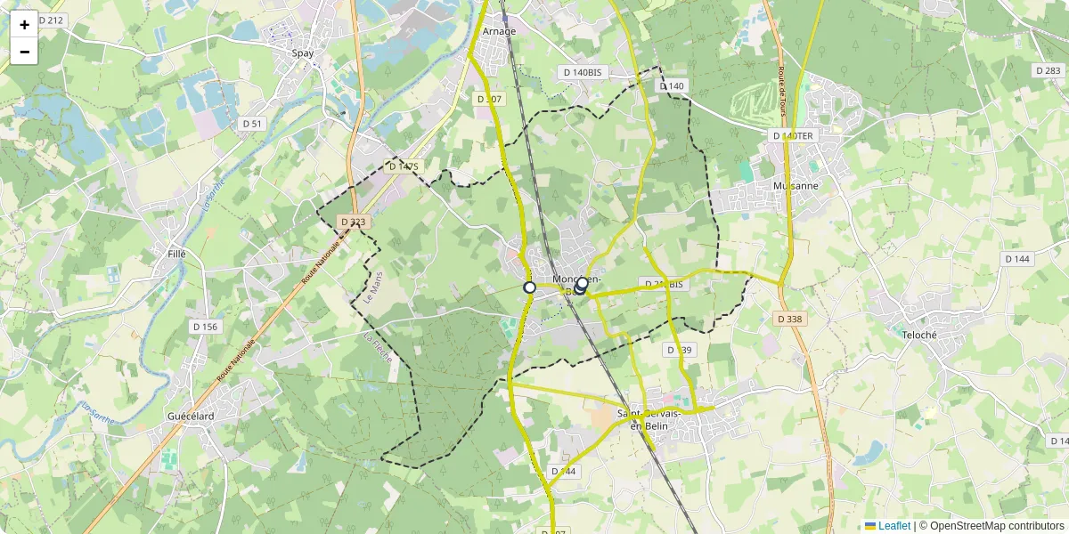Carte du réseau de transport en commun à Moncé-en-Belin - lignes de bus et arrêts