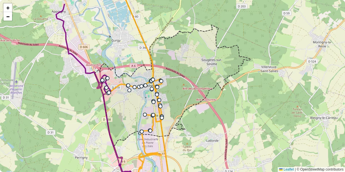 Carte du réseau de transport en commun à Monéteau - lignes de bus et arrêts