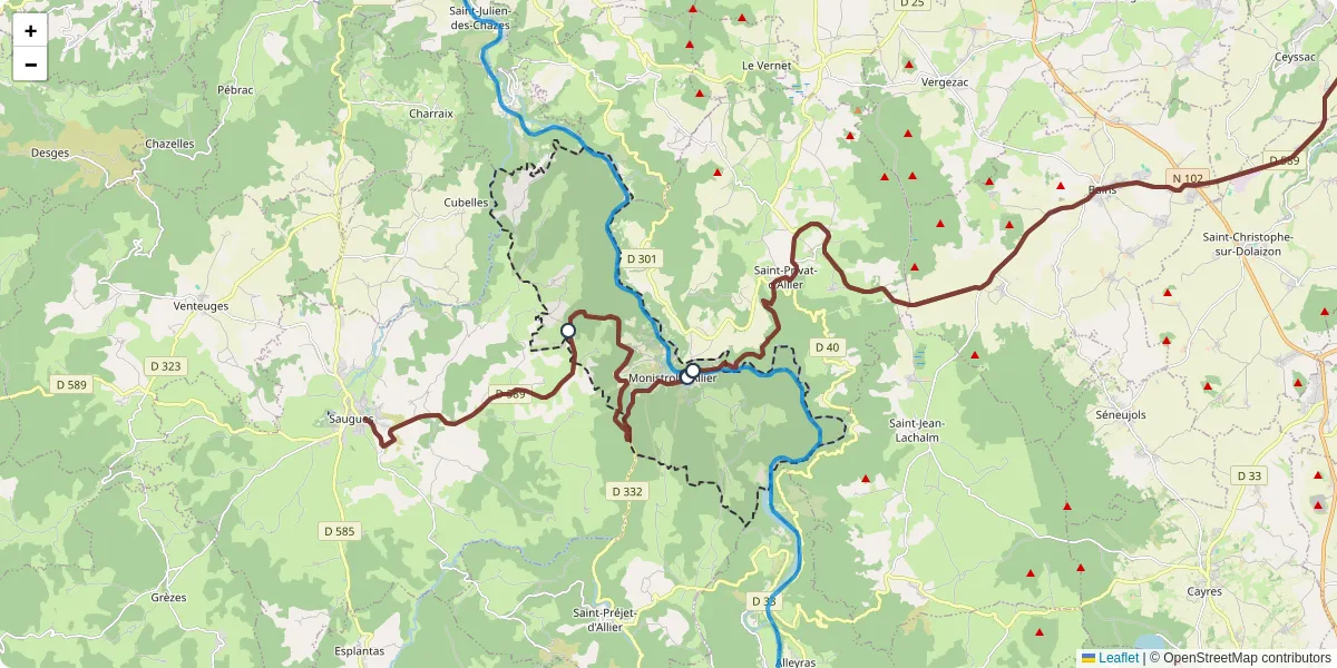 Carte du réseau de transport en commun à Monistrol-d'Allier - lignes de bus et arrêts