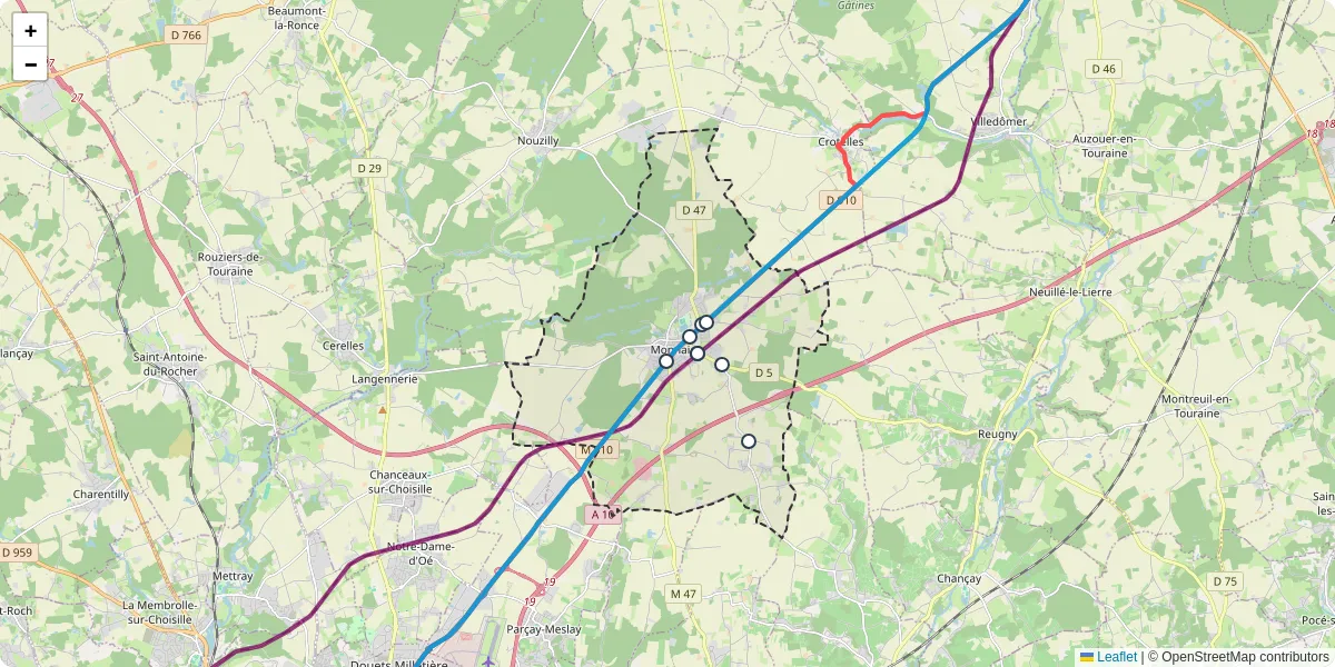 Carte du réseau de transport en commun à Monnaie - lignes de bus et arrêts