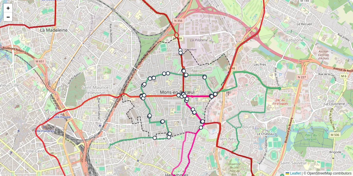 Carte du réseau de transport en commun à Mons-en-Barœul - lignes de bus et arrêts