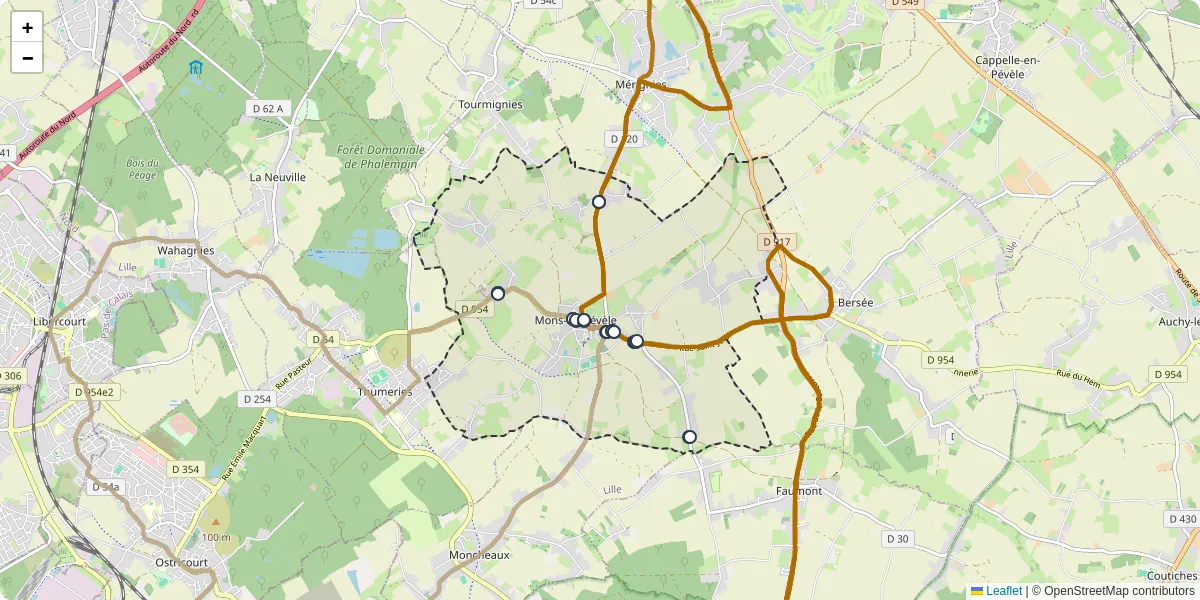 Carte du réseau de transport en commun à Mons-en-Pévèle - lignes de bus et arrêts