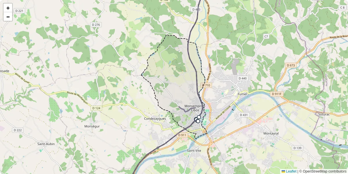 Carte du réseau de transport en commun à Monsempron-Libos - lignes de bus et arrêts