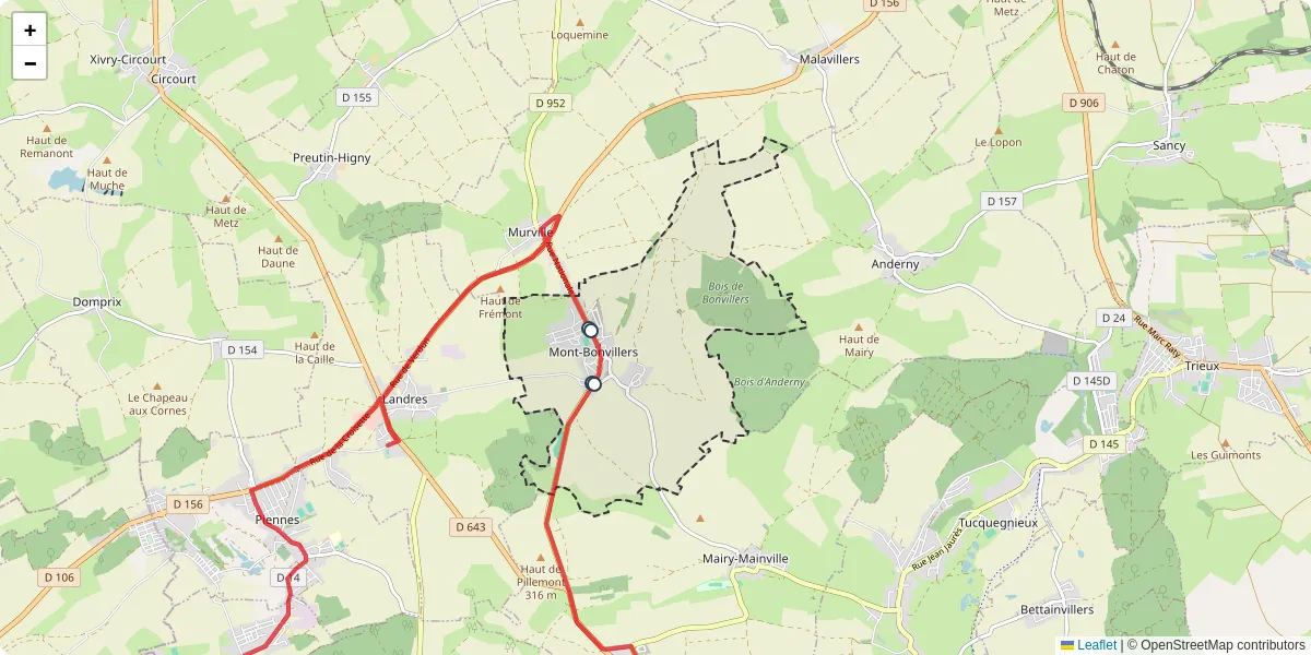 Carte du réseau de transport en commun à Mont-Bonvillers - lignes de bus et arrêts
