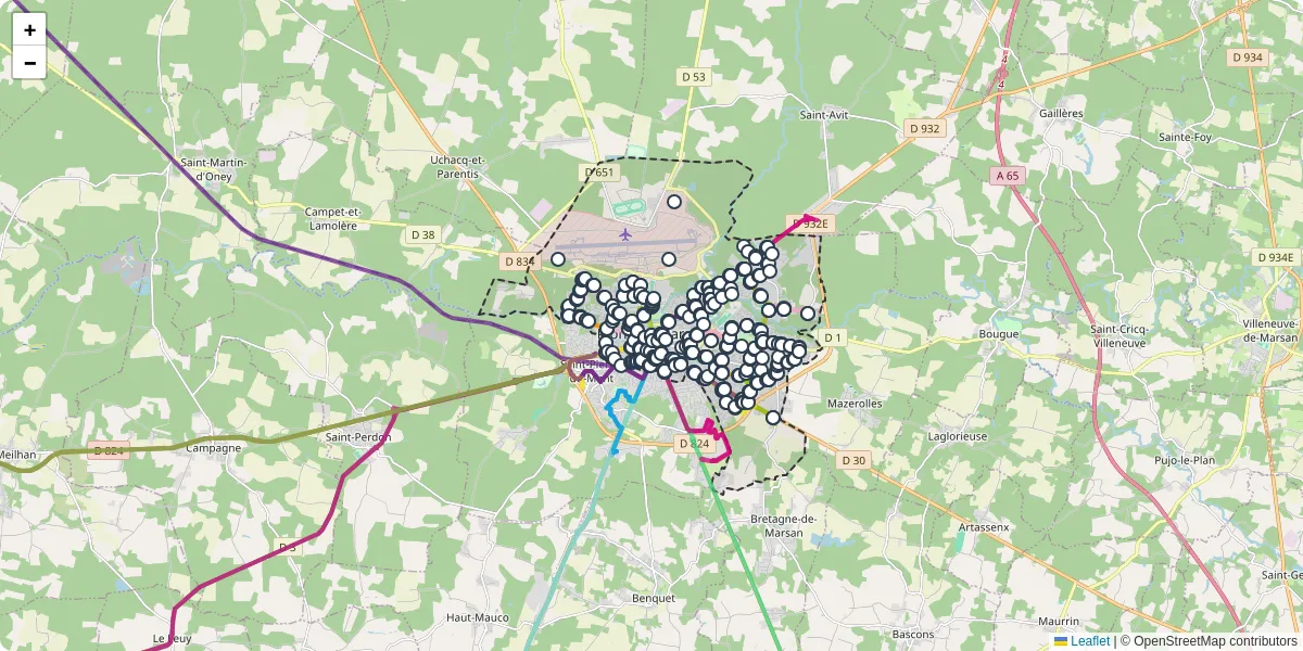 Carte du réseau de transport en commun à Mont-de-Marsan - lignes de bus et arrêts