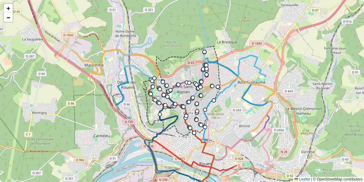 Carte du réseau de transport en commun à Mont-Saint-Aignan - lignes de bus et arrêts