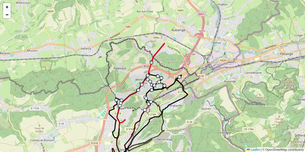 Carte du réseau de transport en commun à Mont-Saint-Martin - lignes de bus et arrêts