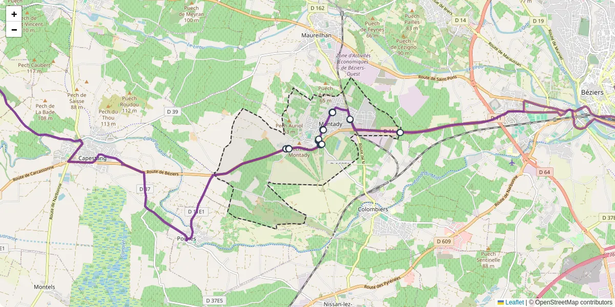 Carte du réseau de transport en commun à Montady - lignes de bus et arrêts