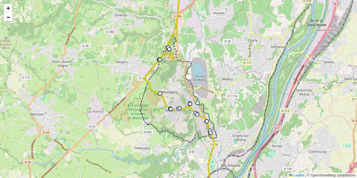 Carte du réseau de transport en commun à Montagny - lignes de bus et arrêts