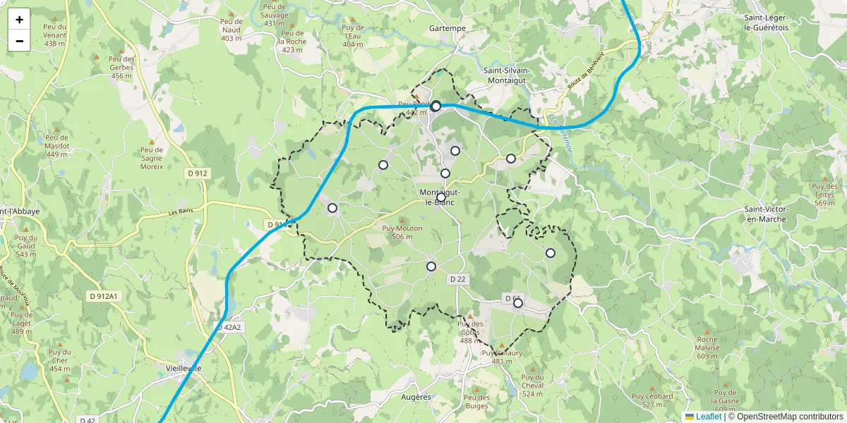 Carte du réseau de transport en commun à Montaigut-le-Blanc - lignes de bus et arrêts