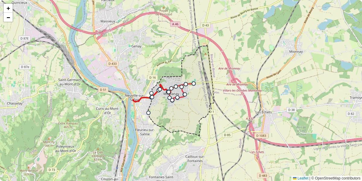 Carte du réseau de transport en commun à Montanay - lignes de bus et arrêts