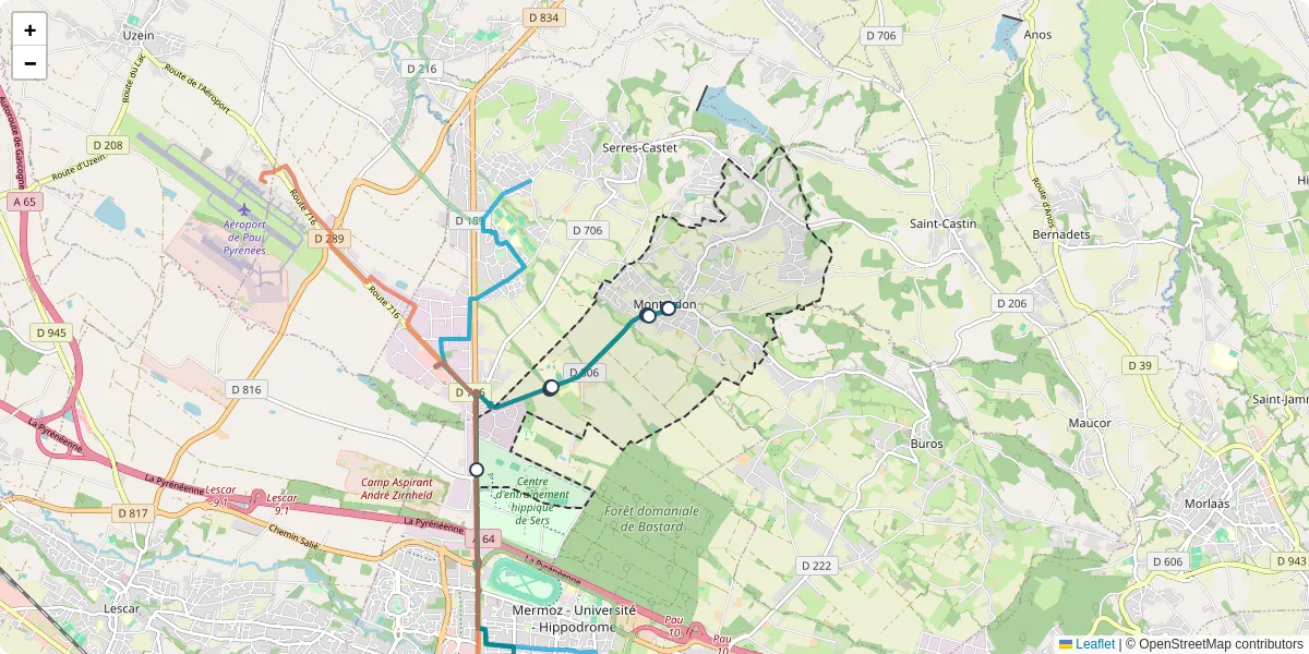 Carte du réseau de transport en commun à Montardon - lignes de bus et arrêts