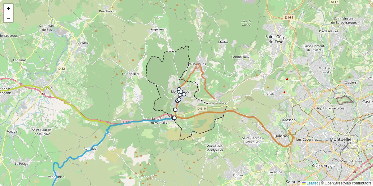 Carte du réseau de transport en commun à Montarnaud - lignes de bus et arrêts