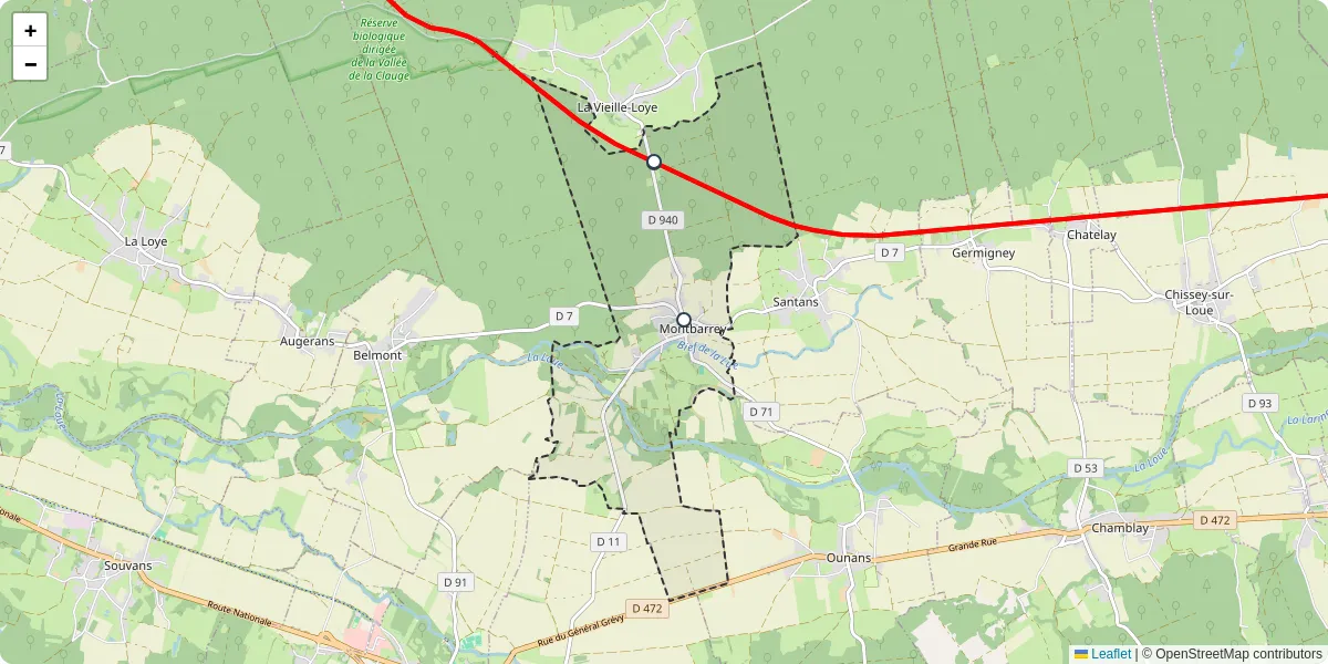 Carte du réseau de transport en commun à Montbarrey - lignes de bus et arrêts