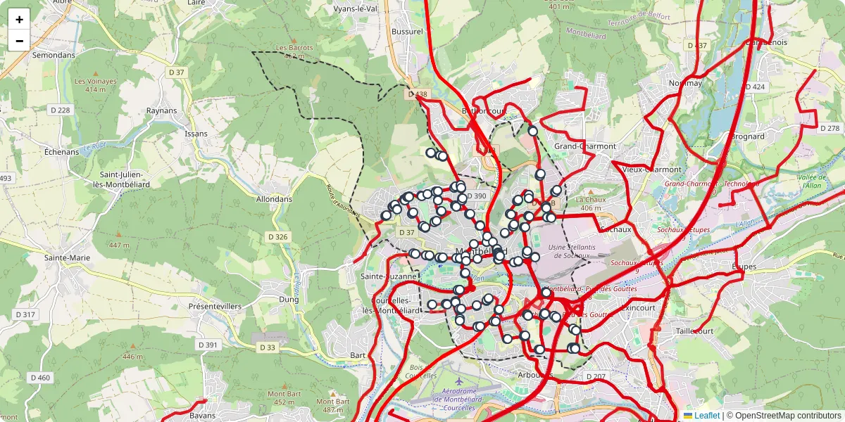 Carte du réseau de transport en commun à Montbéliard - lignes de bus et arrêts