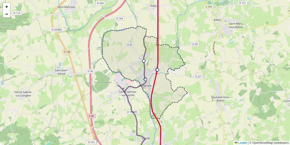 Carte du réseau de transport en commun à Montbizot - lignes de bus et arrêts