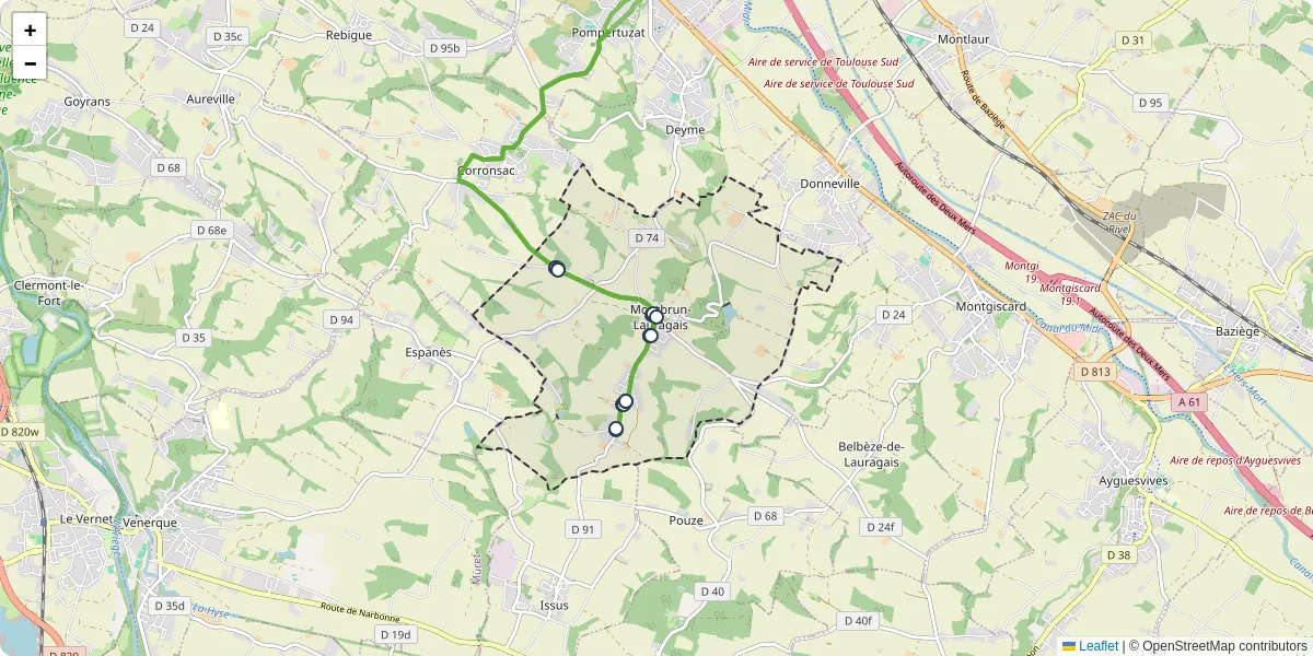 Carte du réseau de transport en commun à Montbrun-Lauragais - lignes de bus et arrêts