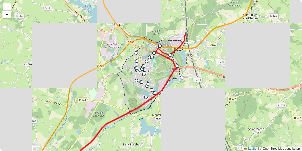 Carte du réseau de transport en commun à Montchanin - lignes de bus et arrêts