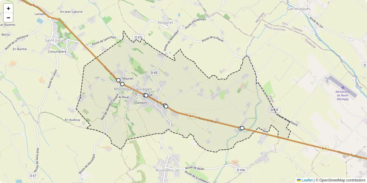 Carte du réseau de transport en commun à Montégut-Lauragais - lignes de bus et arrêts