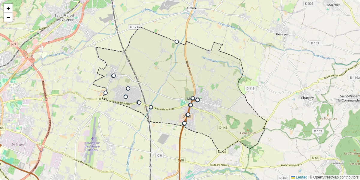 Carte du réseau de transport en commun à Montélier - lignes de bus et arrêts