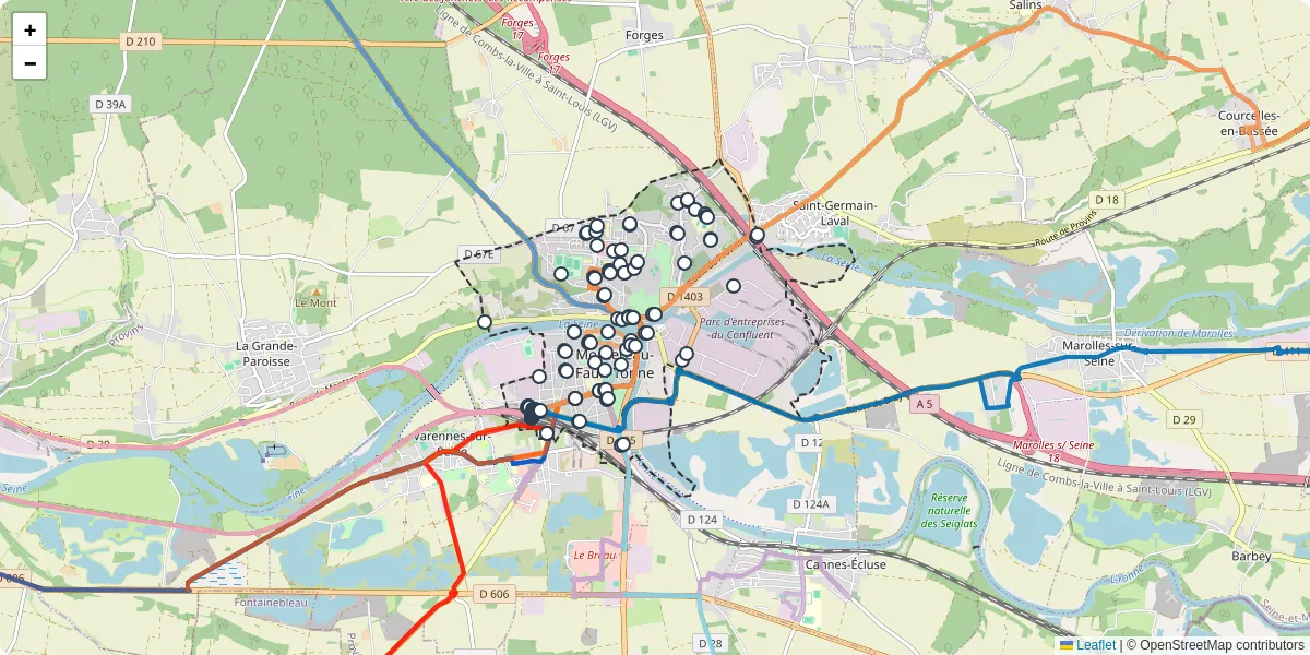 Carte du réseau de transport en commun à Montereau-Fault-Yonne - lignes de bus et arrêts
