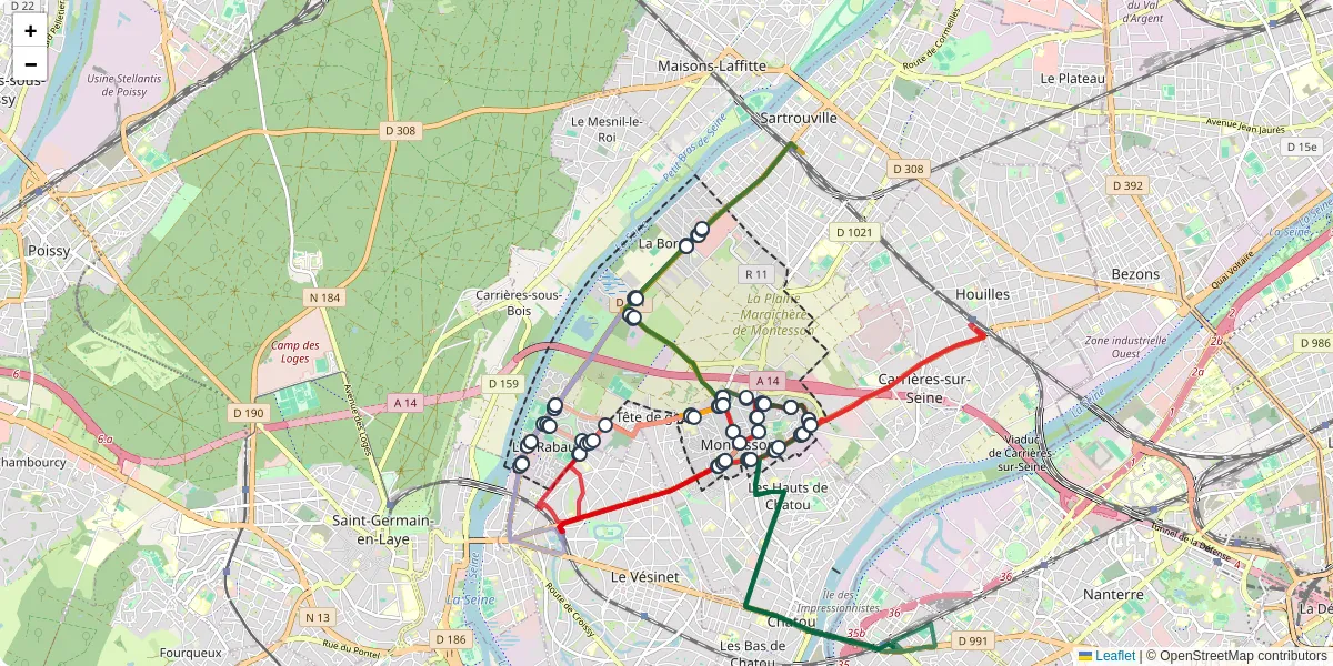 Carte du réseau de transport en commun à Montesson - lignes de bus et arrêts