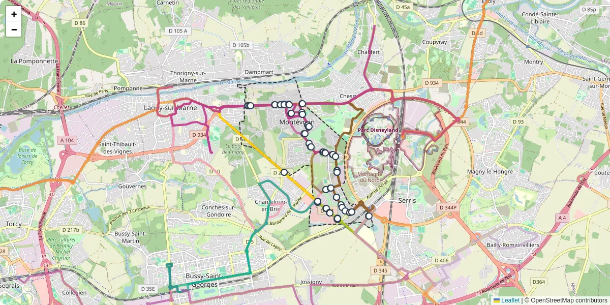 Carte du réseau de transport en commun à Montévrain - lignes de bus et arrêts