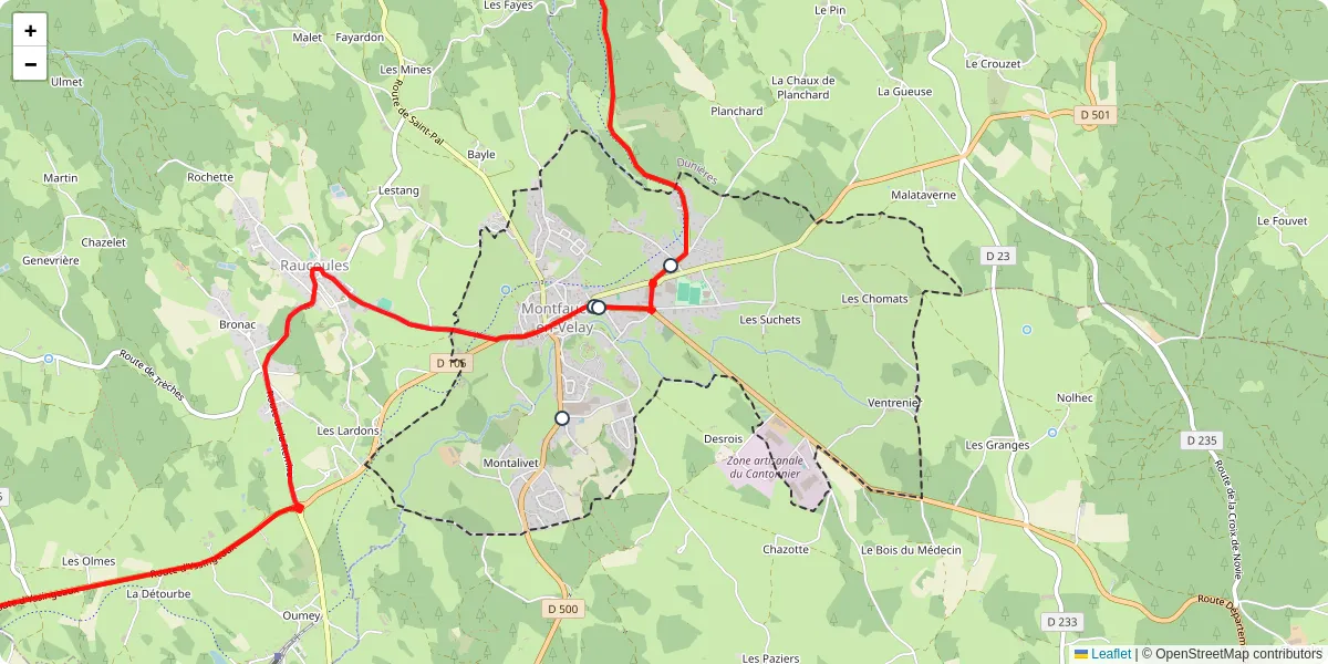 Carte du réseau de transport en commun à Montfaucon-en-Velay - lignes de bus et arrêts