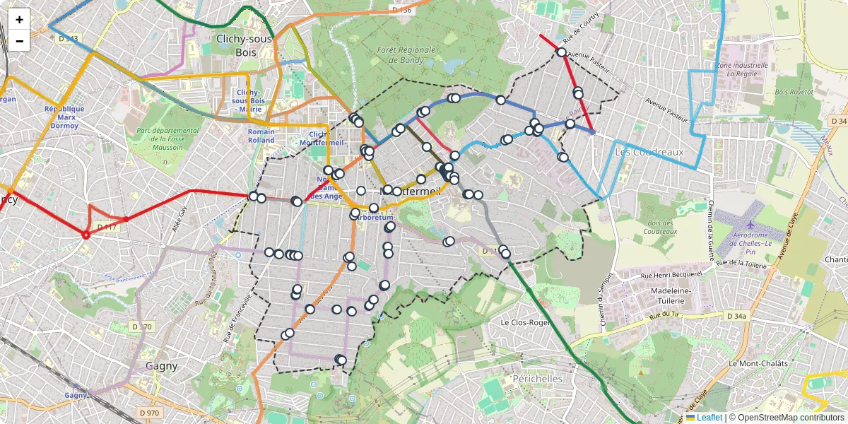 Carte du réseau de transport en commun à Montfermeil - lignes de bus et arrêts
