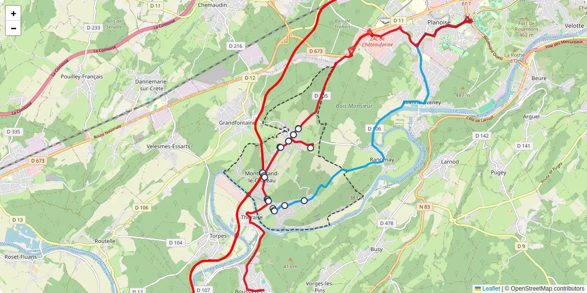 Carte du réseau de transport en commun à Montferrand-le-Château - lignes de bus et arrêts