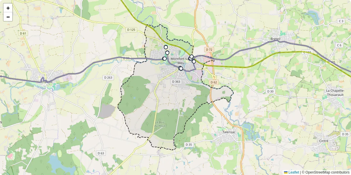 Carte du réseau de transport en commun à Montfort-sur-Meu - lignes de bus et arrêts