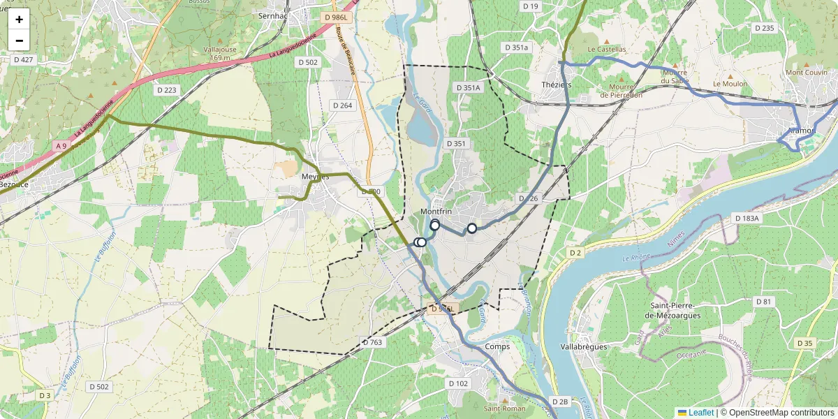 Carte du réseau de transport en commun à Montfrin - lignes de bus et arrêts