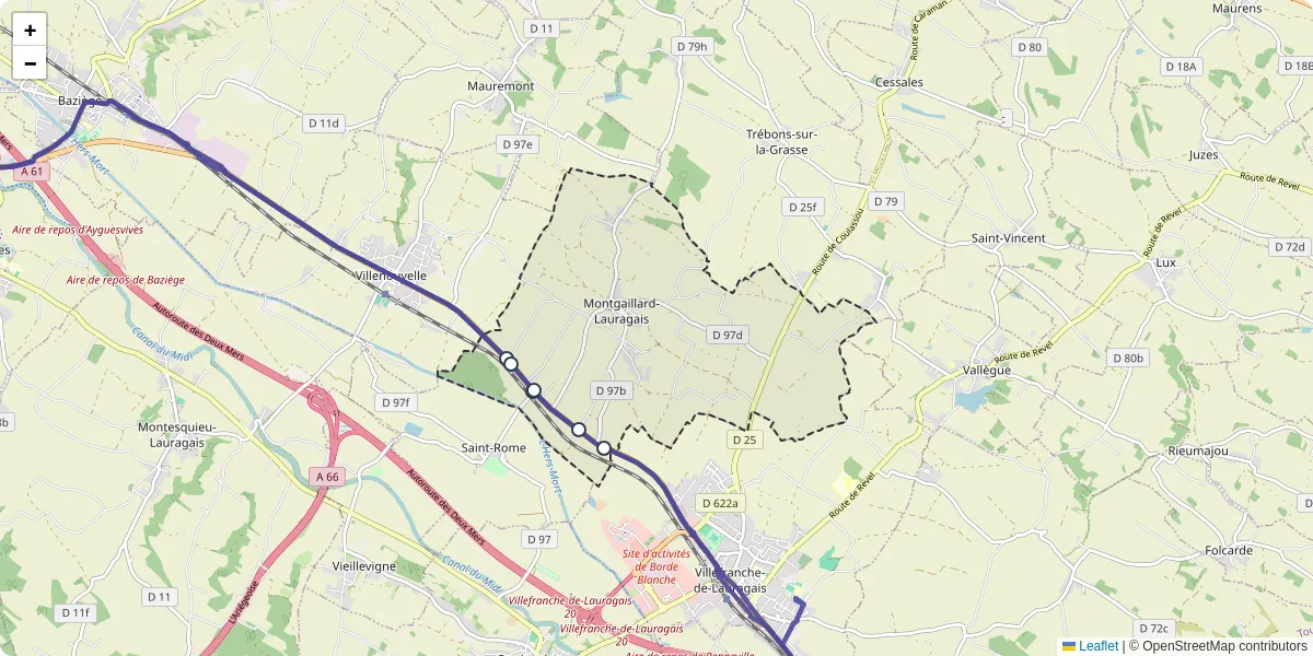 Carte du réseau de transport en commun à Montgaillard-Lauragais - lignes de bus et arrêts