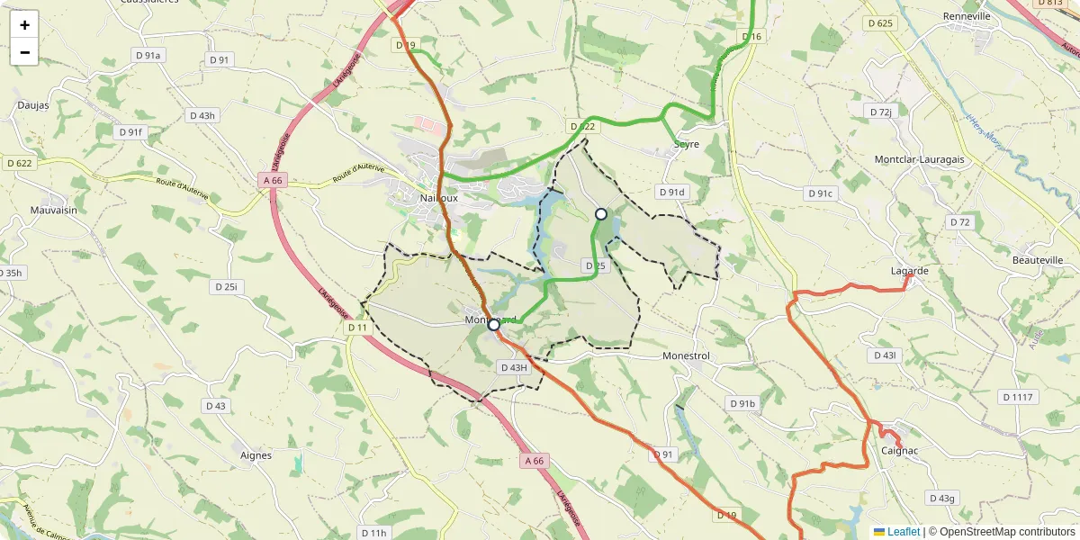 Carte du réseau de transport en commun à Montgeard - lignes de bus et arrêts