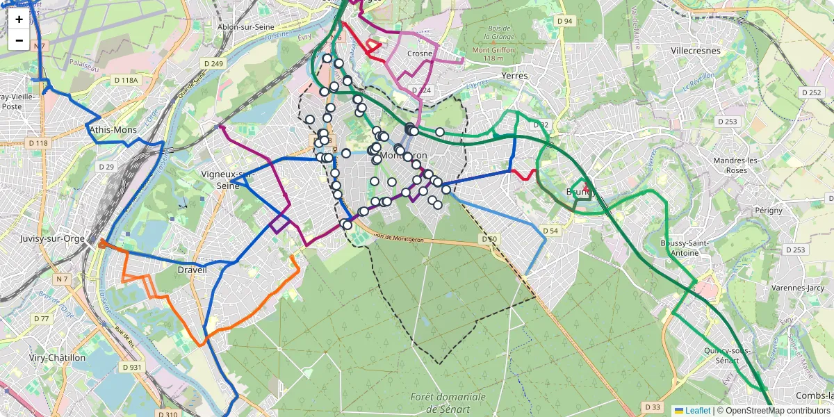 Carte du réseau de transport en commun à Montgeron - lignes de bus et arrêts